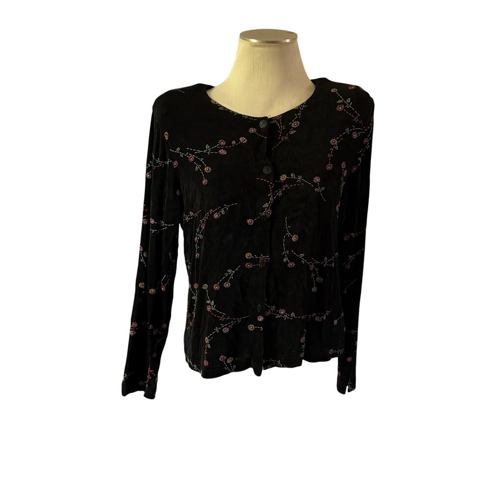 Vtg Y2K 2000s Black Floral Cardigan Top Sz M Whimsigoth 90s Fairy Grunge
